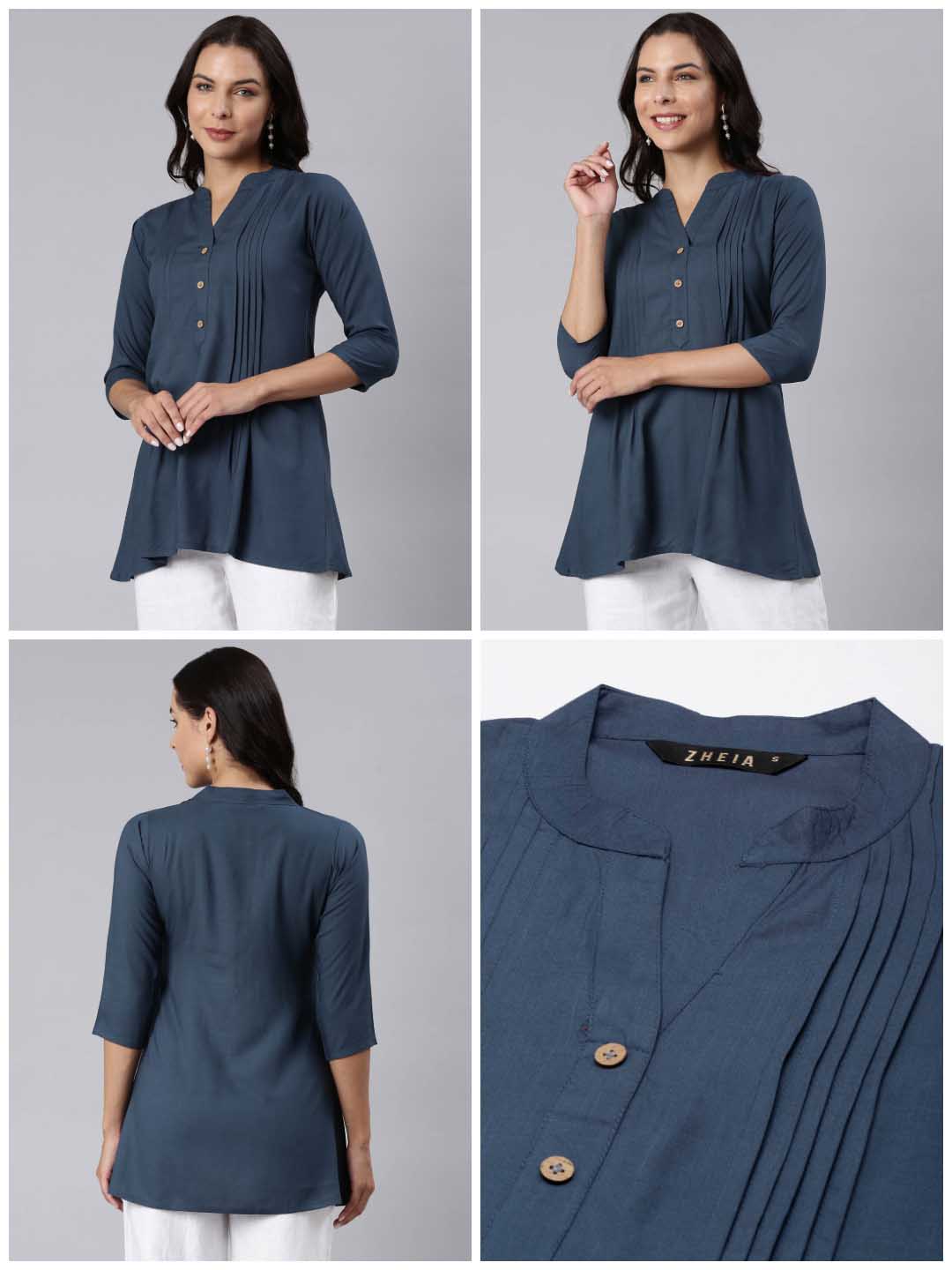 Ladies Pleated Slim Fit Blue Top
