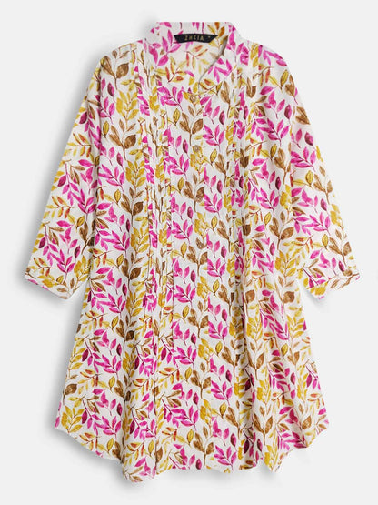 Ladies Slim Fit Pink Leaf AOP Top