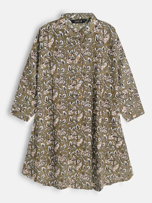 Ladies Floral Print Slim Fit Olive Top