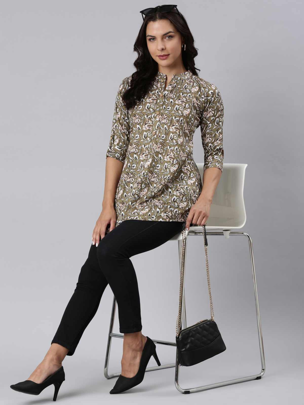 Ladies Floral Print Slim Fit Olive Top