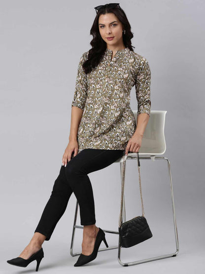 Ladies Floral Print Slim Fit Olive Top