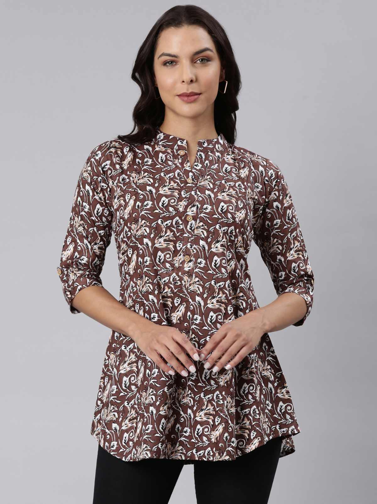 Ladies Floral Print Slim Fit Brown Top