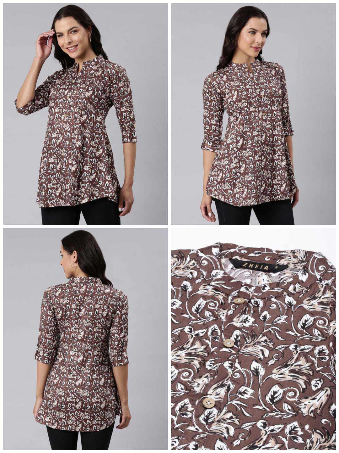 Ladies Floral Print Slim Fit Brown Top
