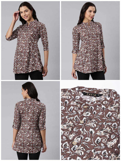 Ladies Floral Print Slim Fit Brown Top