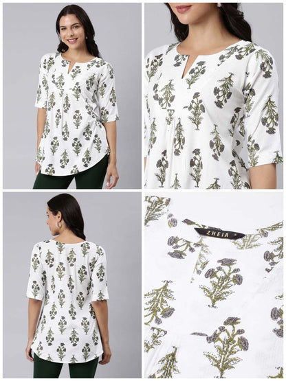 Ladies Slim Fit Green Floral Print Top