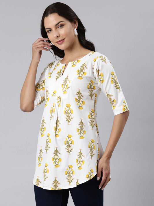 Ladies Slim Fit Yellow Floral Print Top