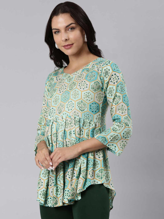Ladies Slim Fit Teal AOP Top