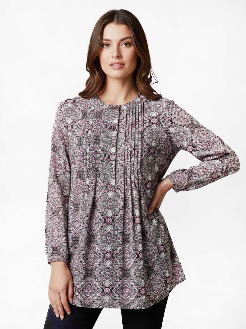 Ladies Pink AOP Pleated Woven Top