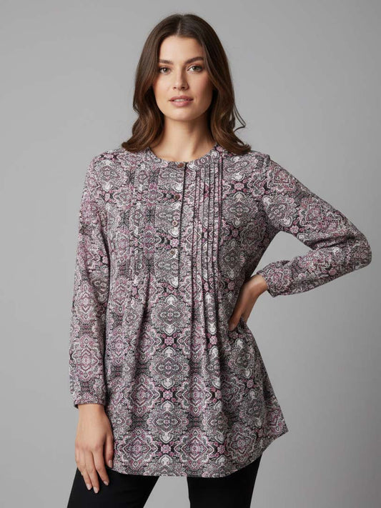 Ladies Pink AOP Pleated Woven Top