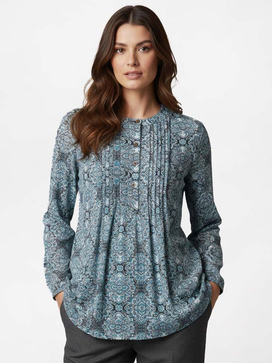 Ladies Blue AOP Pleated Woven Top