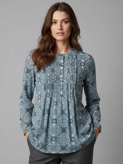 Ladies Blue AOP Pleated Woven Top