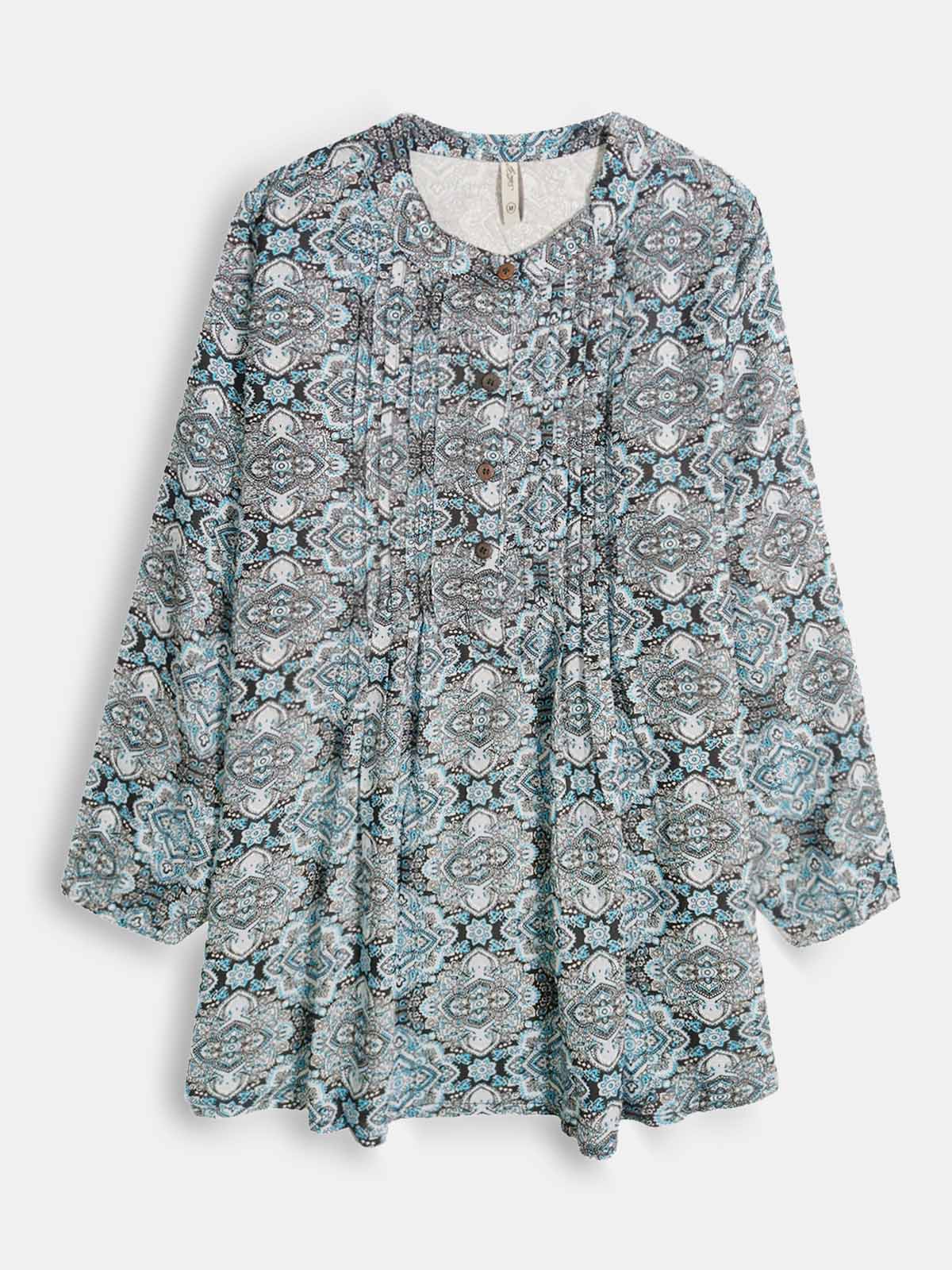 Ladies Blue AOP Pleated Woven Top