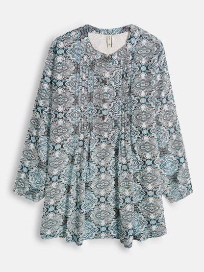 Ladies Blue AOP Pleated Woven Top