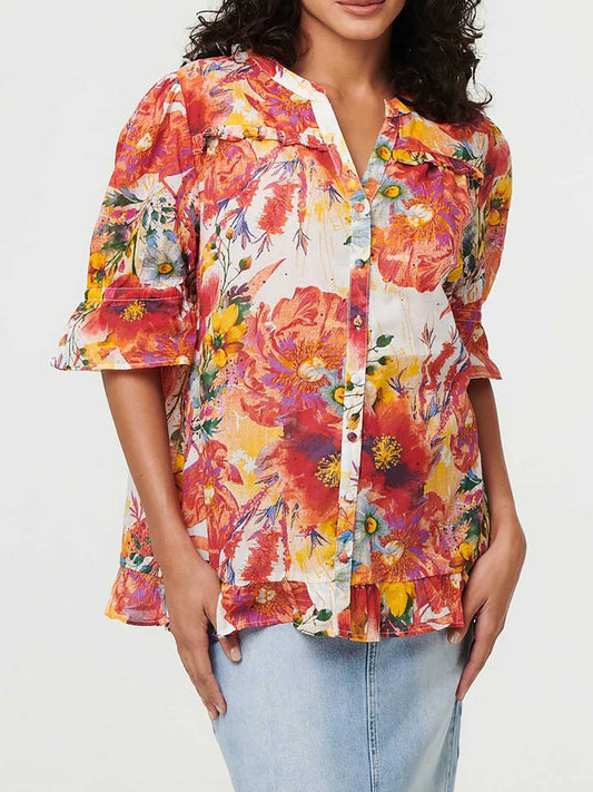 Ladies Printed Woven Orange Blouse