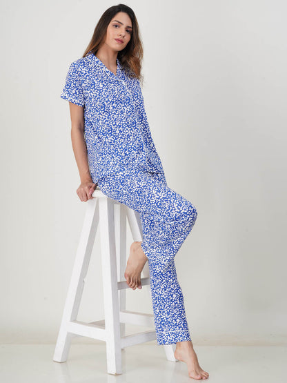 Ladies Sleepwear Pyjama Set Blue AOP