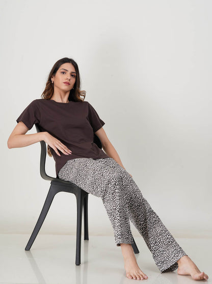 Ladies Sleepwear Pyjama Set Brown AOP