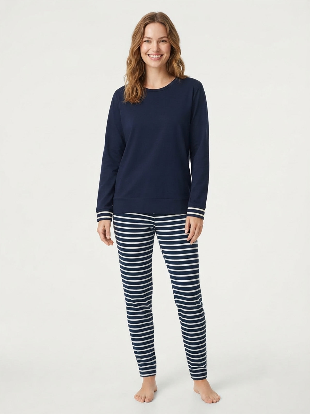 Ladies Navy Striped Pyjama Set