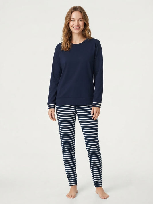 Ladies Navy Striped Pyjama Set