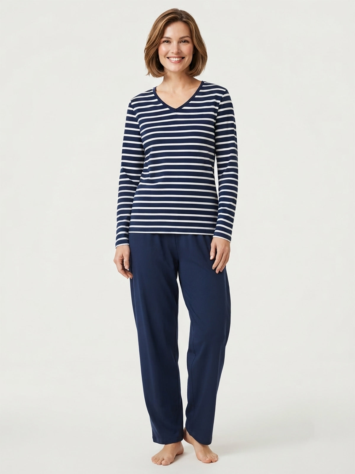 Ladies Striped Navy Pyjama Set