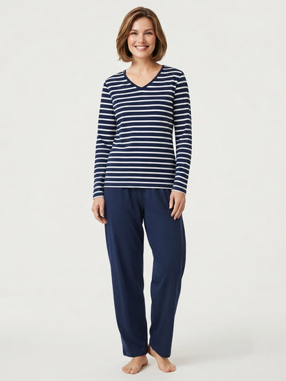 Ladies Striped Navy Pyjama Set