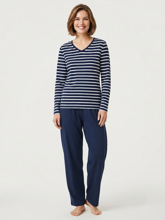 Ladies Striped Navy Pyjama Set
