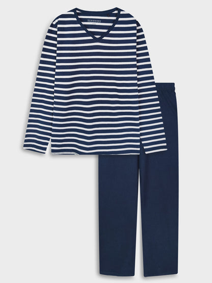 Ladies Striped Navy Pyjama Set