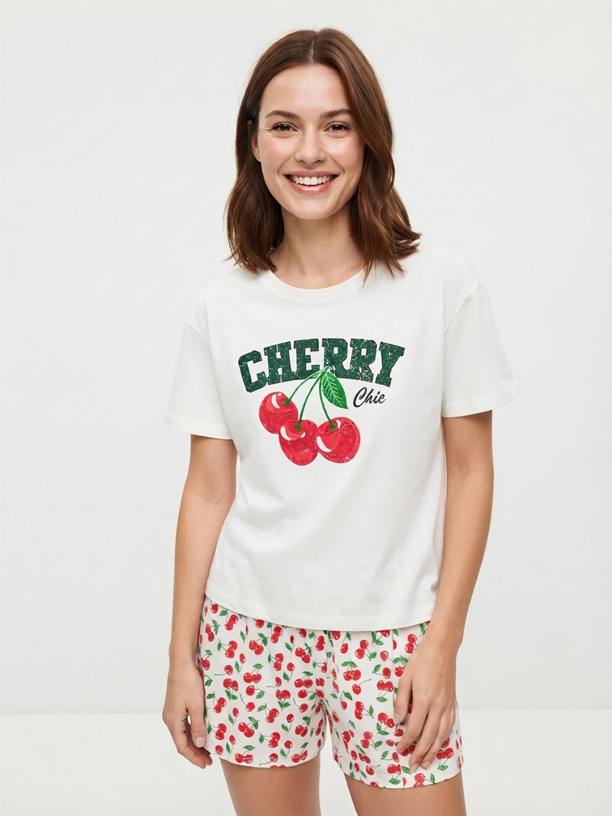 Ladies  Cherry Printed Shorty Set
