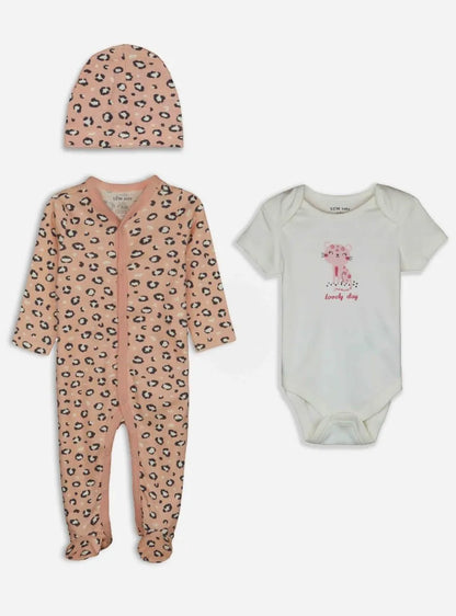 Baby 3 Pc Sets Sleepsuit Bodysuit and Hat Pink