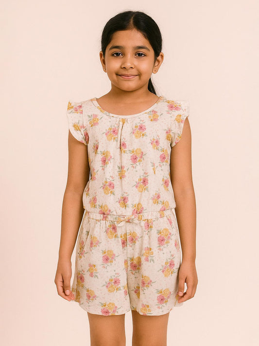 Girls Ecru AOP Dungaree