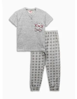 Girls Printed Pyjama Set Grey-Checked