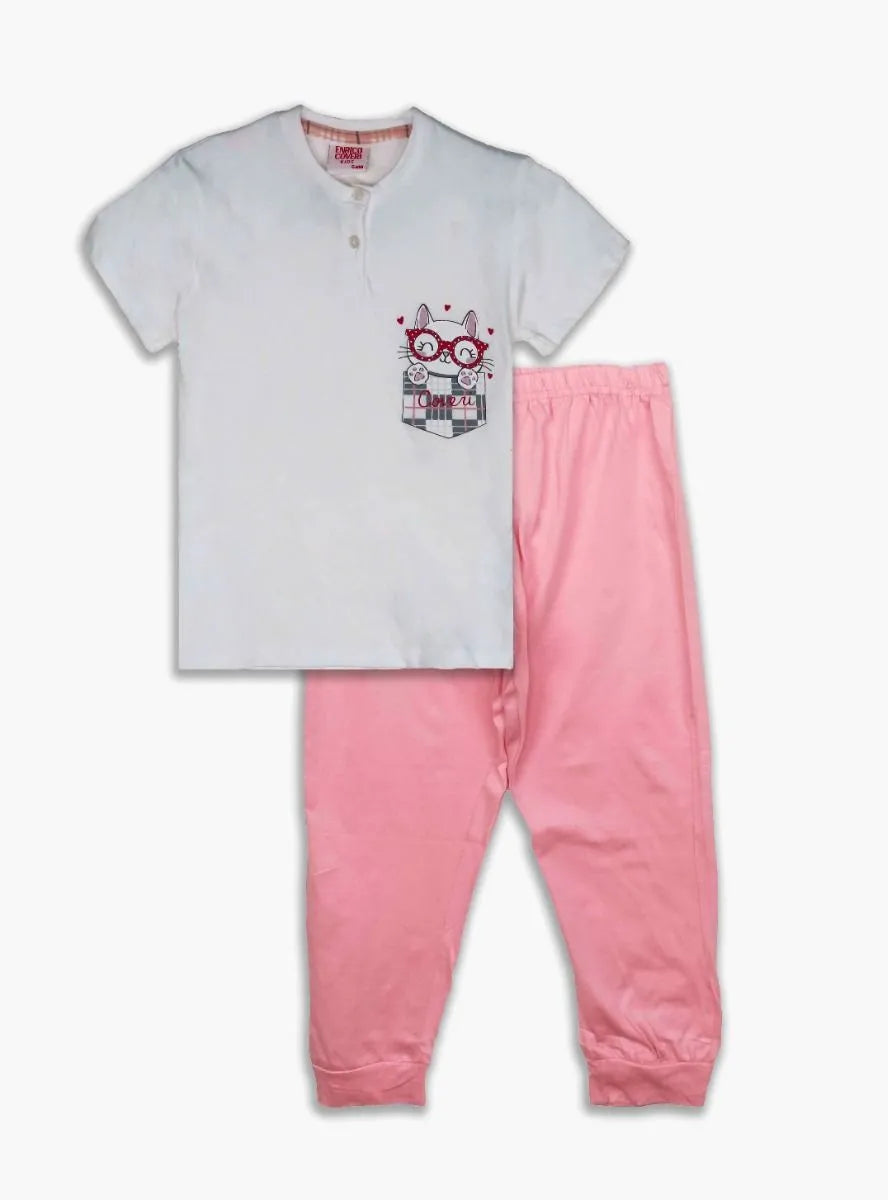 Girls Printed Pyjama Set White-Pink