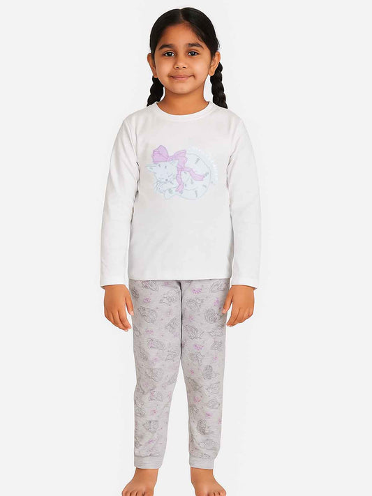 Girls Printed White Grey Pyjama Set
