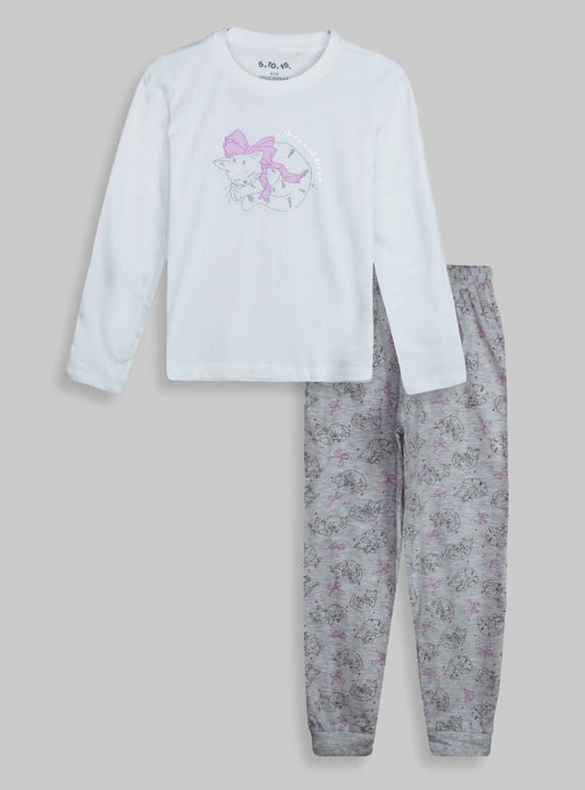 Girls Printed White Grey Pyjama Set