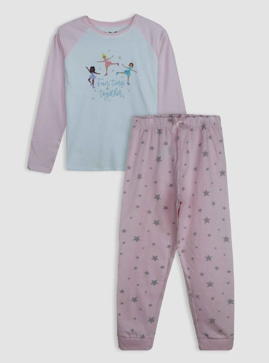 Girls Printed White Pyjama Set