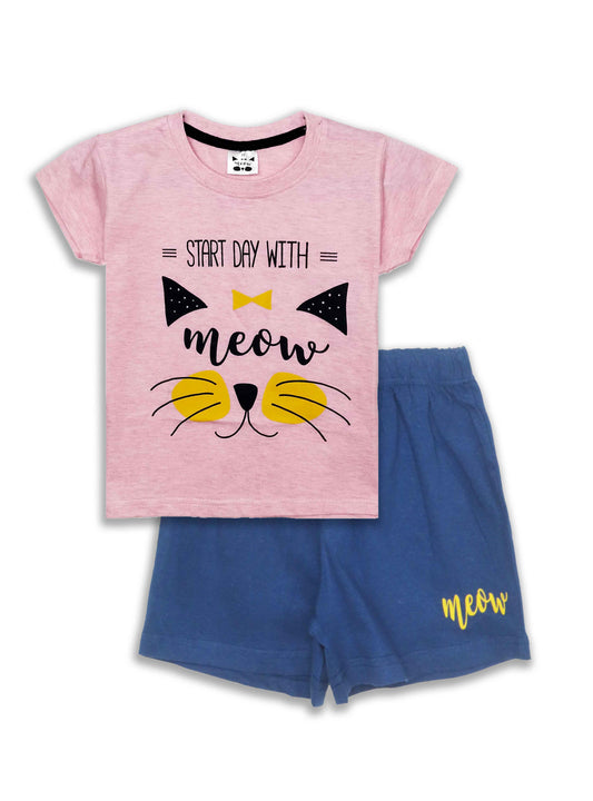 meow Girls Printed Shorty Set