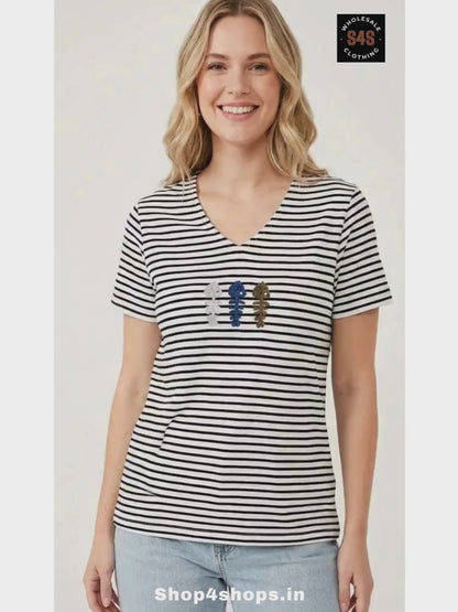 Ladies V- Neck Striped top