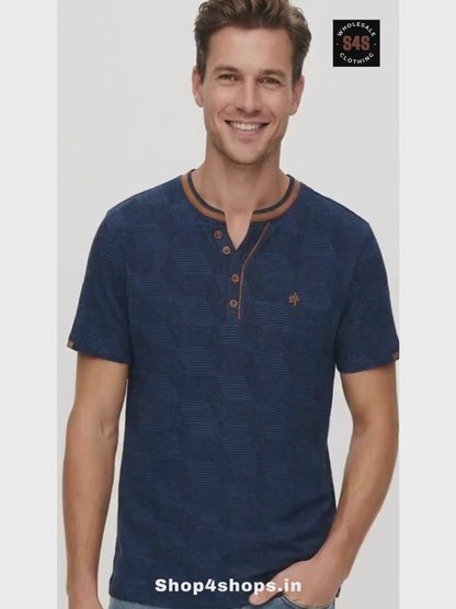 Mens Henley Neck Blue T-Shirt