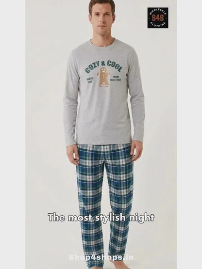 Mens Full Pant Set Pyjama Ecru