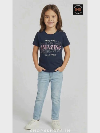 Girls Glitter Printed Navy T-Shirt