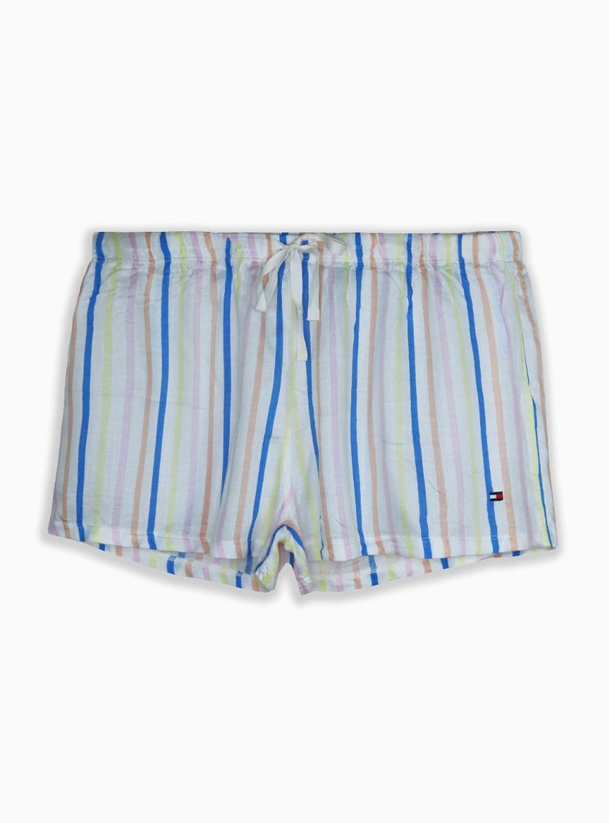 Ladies White Multi Striped Woven Shorts